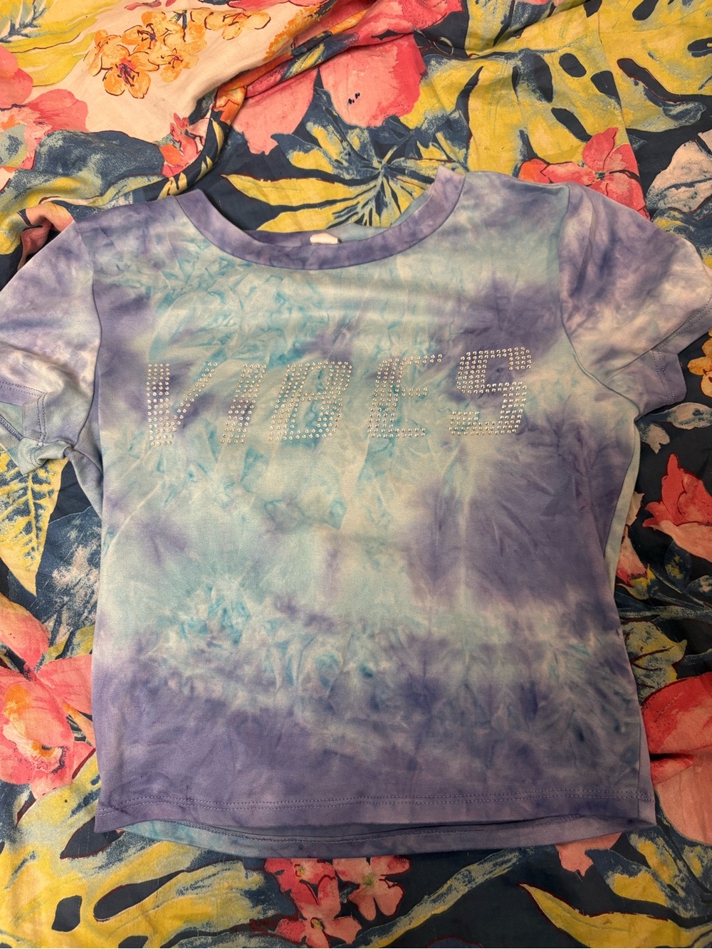 Streetwear Society | Rhinestone “VIBES” Tie-Dye Tee in Purple and Light Blue